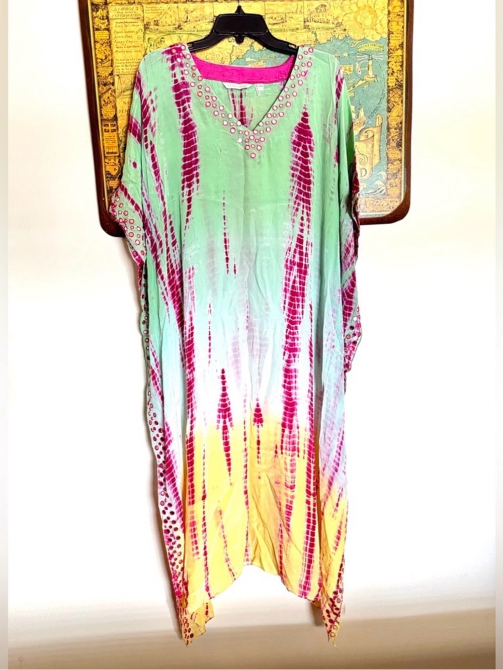 Soft Surroundings Mint, Pink & Yellow Tie-Dye Maxi Caftan/Cover-up